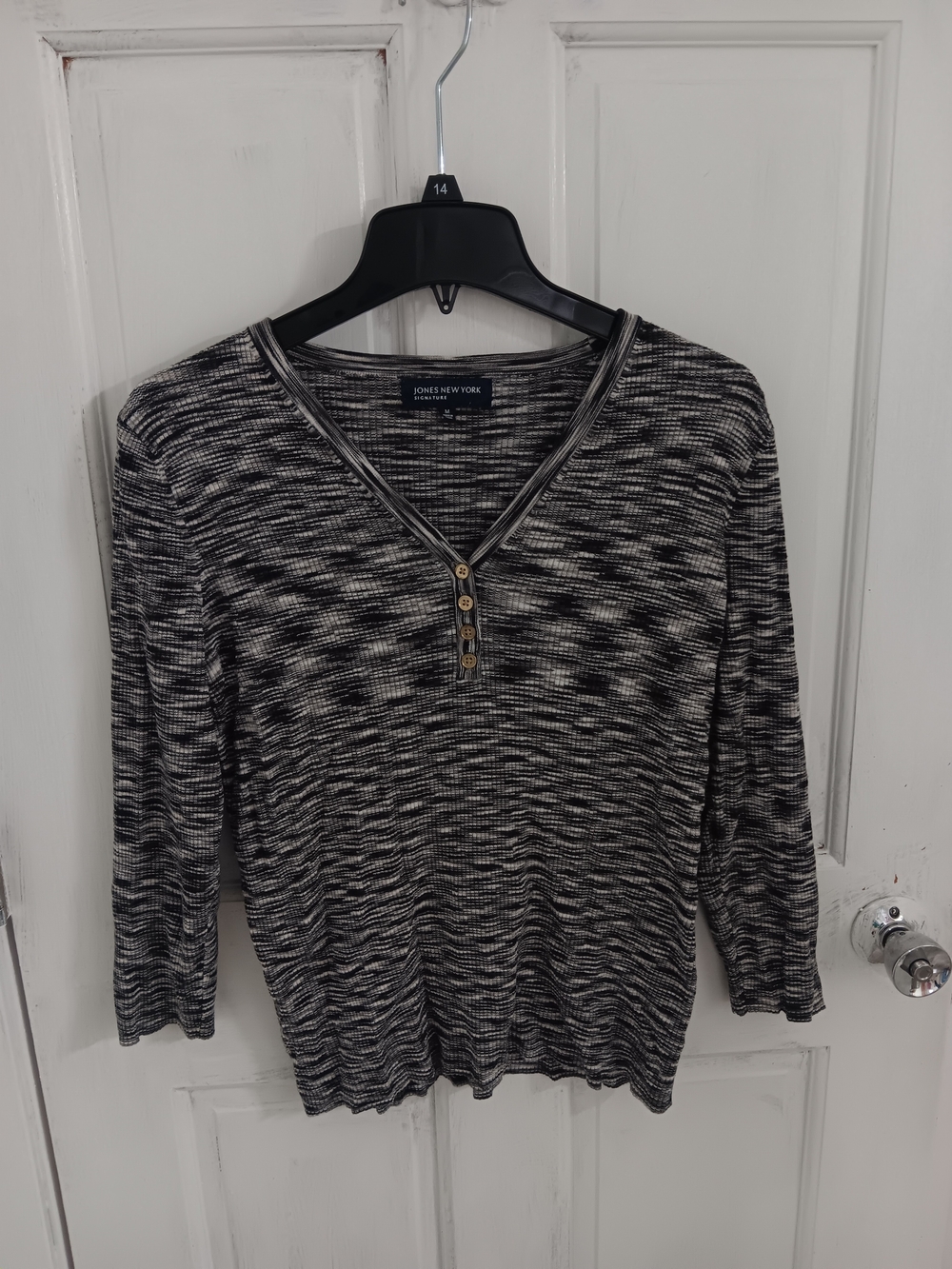 Jones New York Black & White Marled Henley Pullover